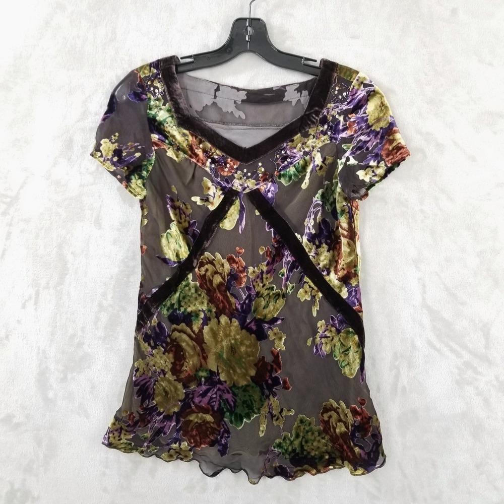 Babydoll Top Small Floral Burnout Velvet Beaded Sequin Sheer Short Sleeve